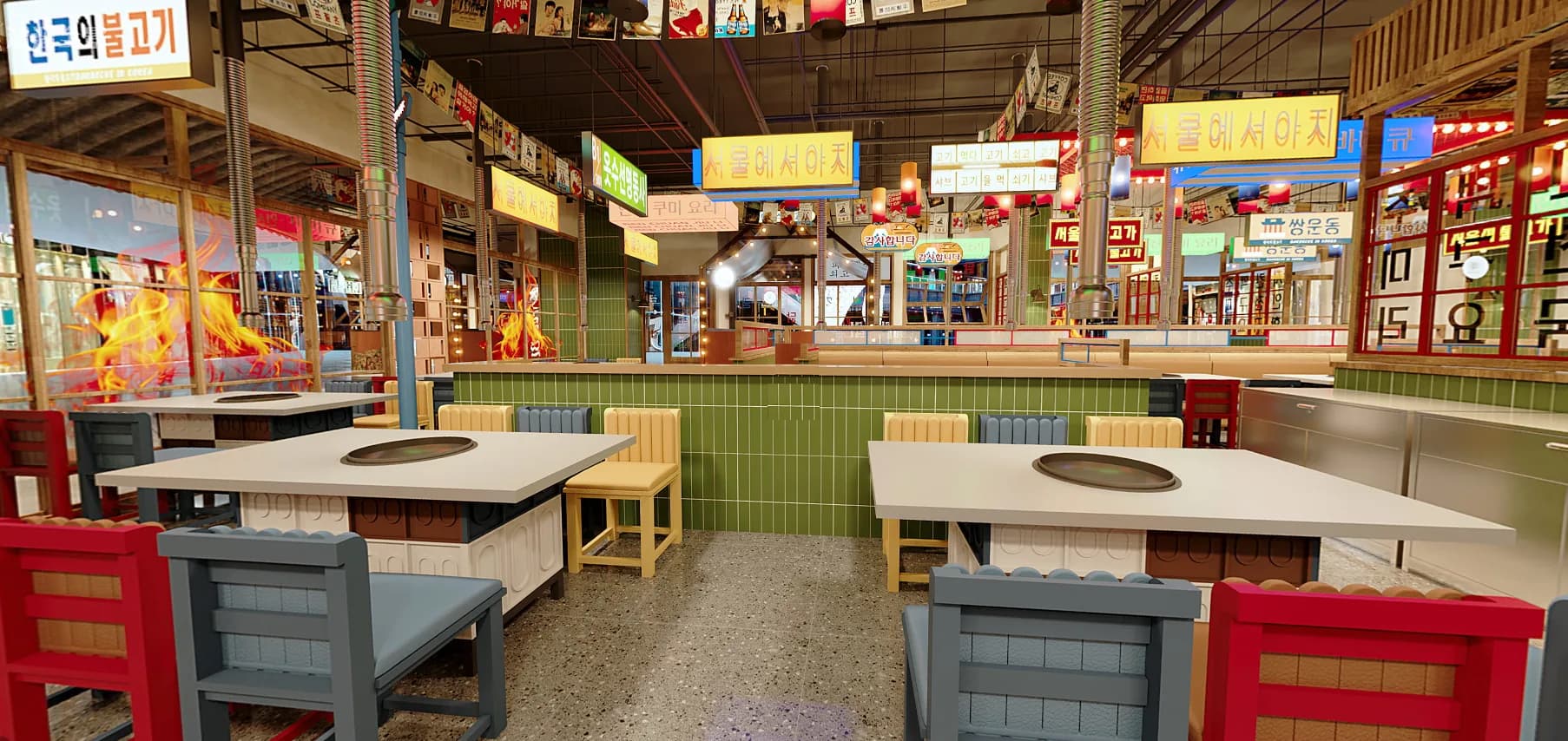 Interior del restaurante: mesas con parrilla, sillas de colores y rótulos coreanos iluminados
